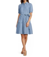 Calvin Klein Textured Tencel Collared Neck Short Puff Sleeve Belted Shirt Dress