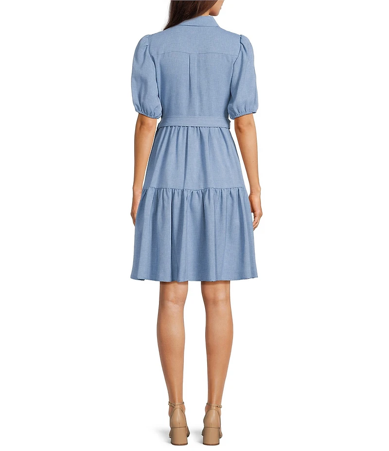 Calvin Klein Textured Tencel Collared Neck Short Puff Sleeve Belted Shirt Dress