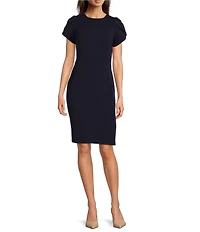 Calvin Klein Crew Neck Short Tulip Sleeve Solid Sheath Stretch Dress