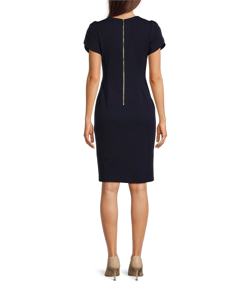 Calvin Klein Crew Neck Short Tulip Sleeve Solid Sheath Stretch Dress