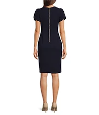 Calvin Klein Crew Neck Short Tulip Sleeve Solid Sheath Stretch Dress