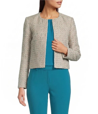 Calvin Klein Tweed Crew Neck Long Sleeve Open Front Jacket