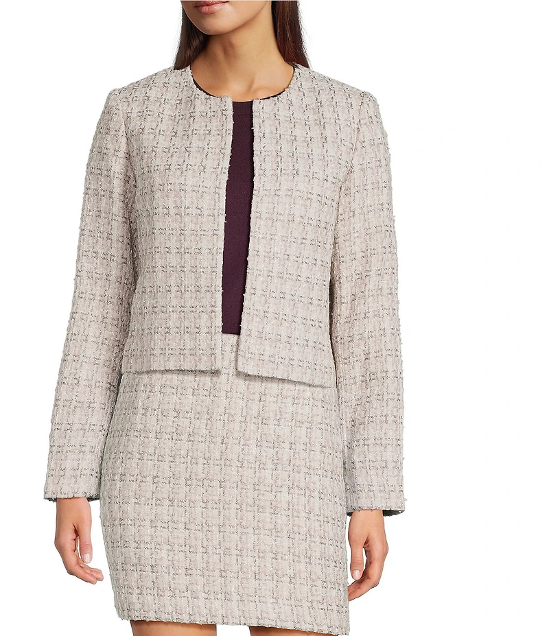 Calvin Klein Tweed Round Neck Open Front Jacket