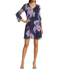 Calvin Klein V-Neck 3/4 Sleeve Crinkled Chiffon Floral Shift Dress