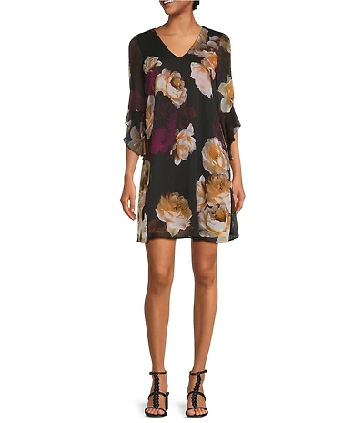 Calvin Klein V-Neck 3/4 Sleeve Crinkled Chiffon Floral Shift Dress