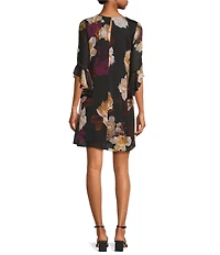 Calvin Klein V-Neck 3/4 Sleeve Crinkled Chiffon Floral Shift Dress