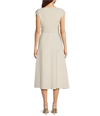 Calvin Klein V-Neck Fit and Flare Belted Scuba Midi Dress