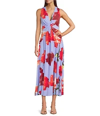 Calvin Klein V-Neck Floral Print Knot Front Midi Dress