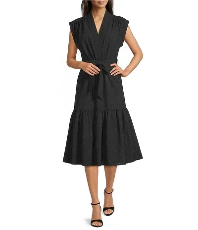 Calvin Klein V Neck Short Sleeve Tiered Midi Dress