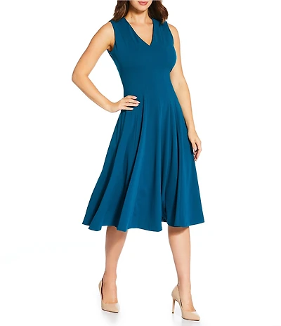 Calvin Klein V-Neck Sleeveless Scuba Crepe Fit And Flare Dress