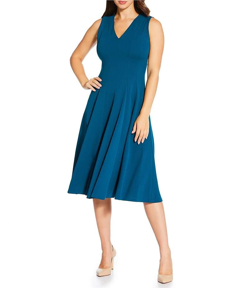 Calvin Klein V-Neck Sleeveless Scuba Crepe Fit And Flare Dress