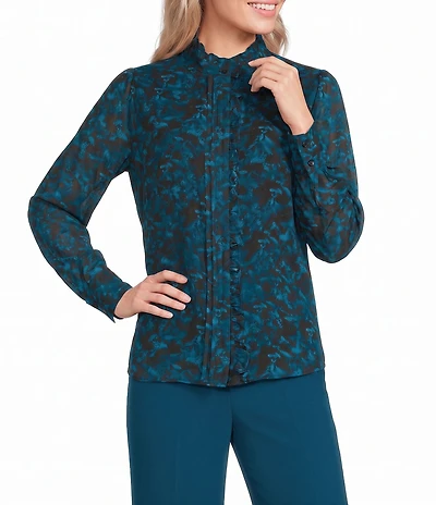 Calvin Klein Woven Floral Printed Chiffon Mock Neck Long Sleeve Blouse