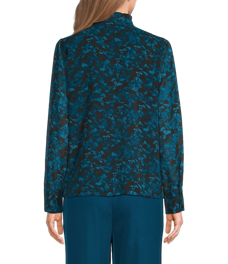 Calvin Klein Woven Floral Printed Chiffon Mock Neck Long Sleeve Blouse