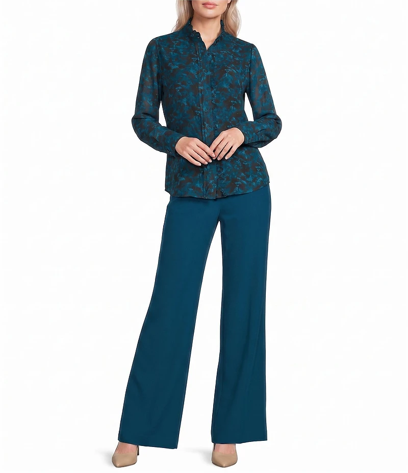 Calvin Klein Woven Floral Printed Chiffon Mock Neck Long Sleeve Blouse