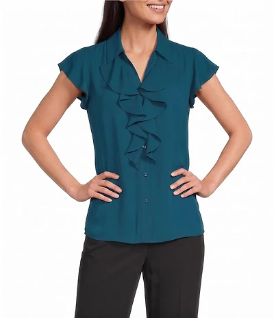 Calvin Klein Woven Georgette Point Collar Cap Sleeve Ruffle Front Blouse