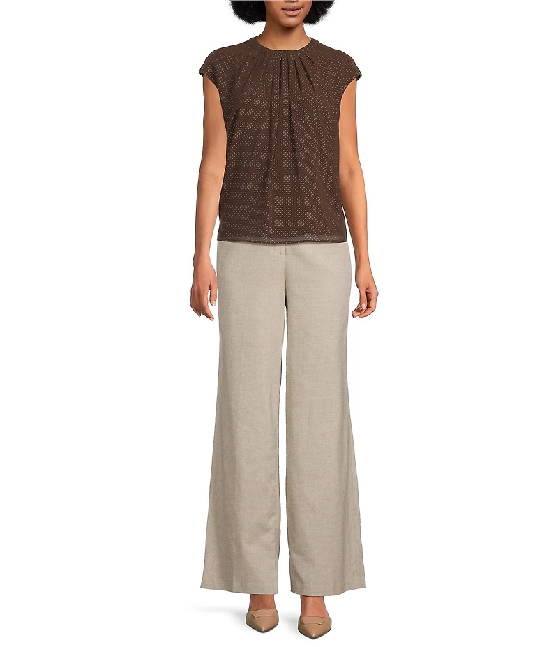 Calvin Klein Woven Pleated Crew Neck Cap Sleeve Blouse