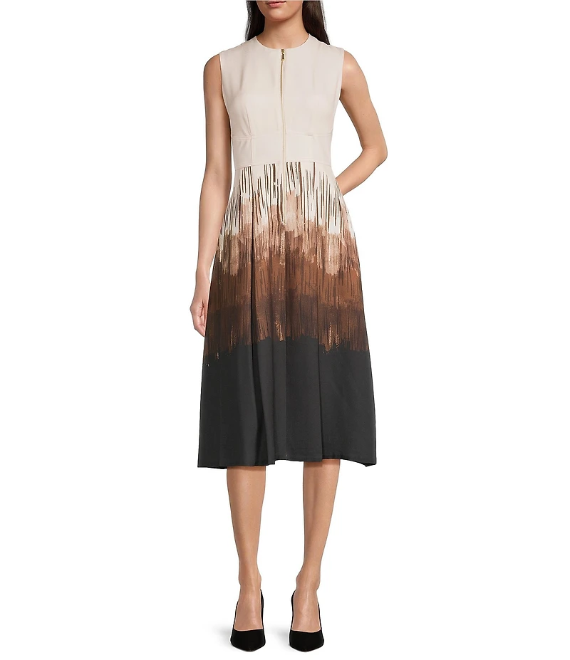 Calvin Klein Zip Front Round Neck Ombre Crepe Sleeveless Dress