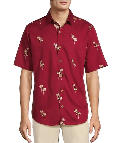 Caribbean Allover Palm Valley Embroidery Short Sleeve Woven Shirt