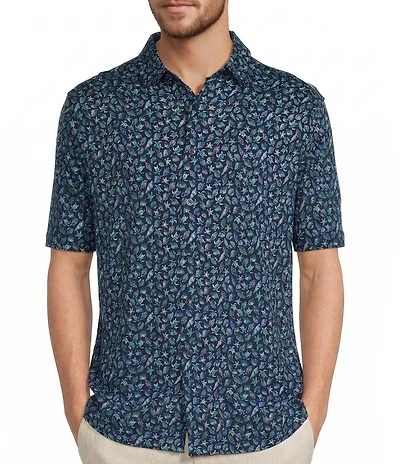 Caribbean Aquatic Print Short Sleeve Woven Coatfront Shirt