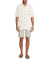 Caribbean Beach Bar Embroidery Short Sleeve Woven Shirt