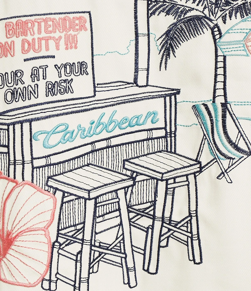 Caribbean Beach Bar Embroidery Short Sleeve Woven Shirt