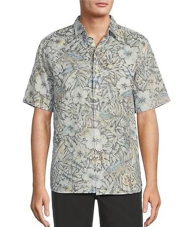 Caribbean Big & Tall Fancy Turtle Print Linen Short Sleeve Woven Shirt