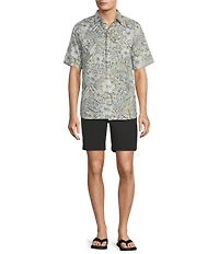 Caribbean Big & Tall Fancy Turtle Print Linen Short Sleeve Woven Shirt