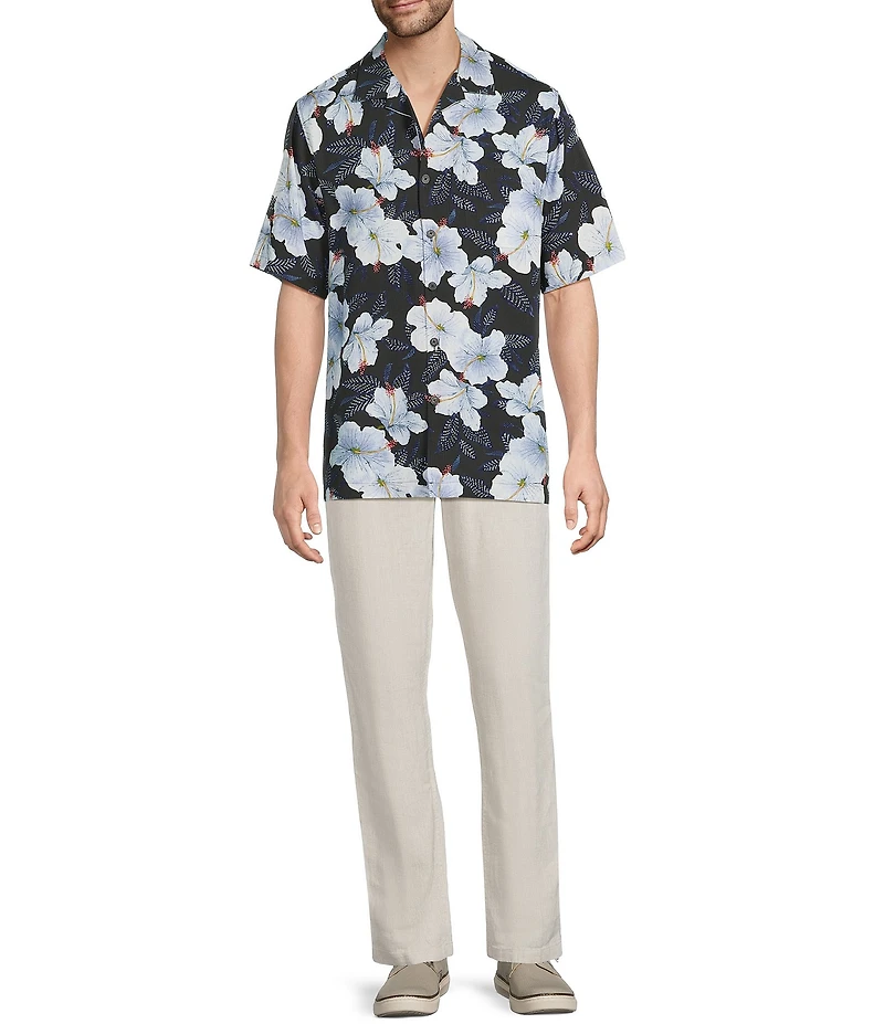 Caribbean Big & Tall Hibiscus Print Short Sleeve Woven Shirt