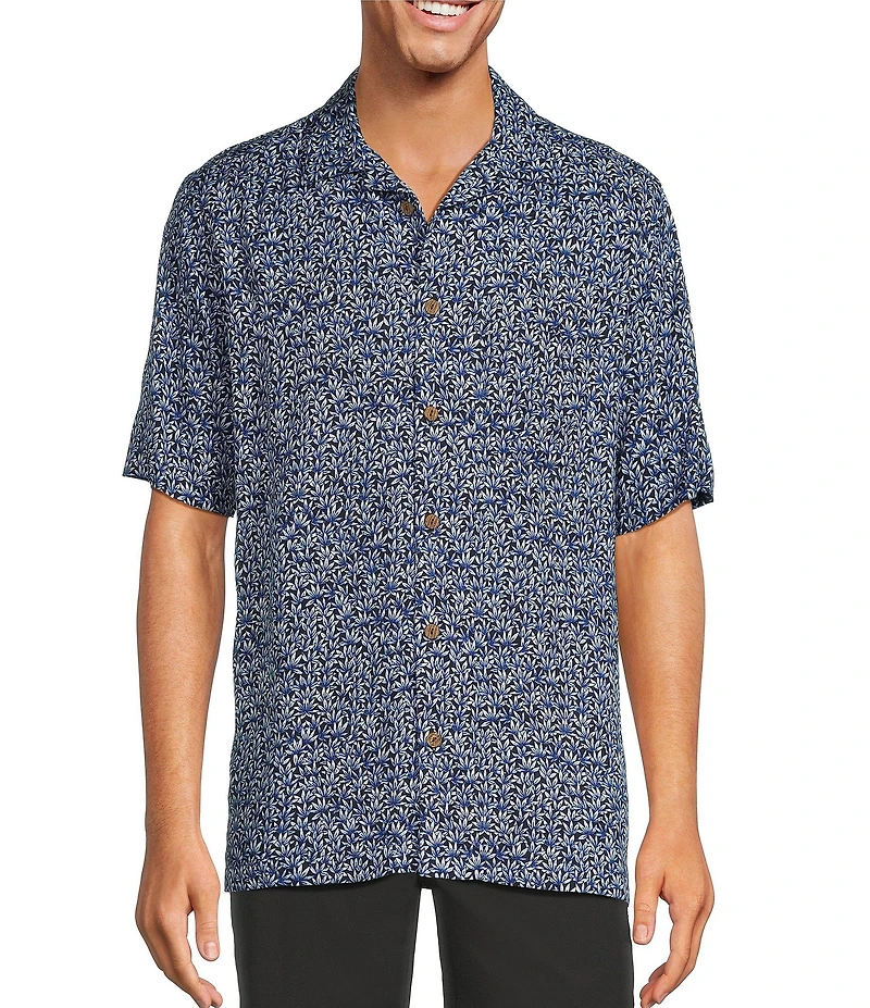 Caribbean Big & Tall Jacquard Mini Fan Leaf Print Short Sleeve Woven Camp Shirt