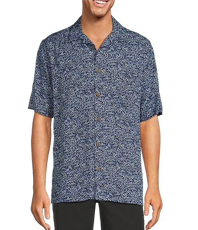 Caribbean Big & Tall Jacquard Mini Fan Leaf Print Short Sleeve Woven Camp Shirt