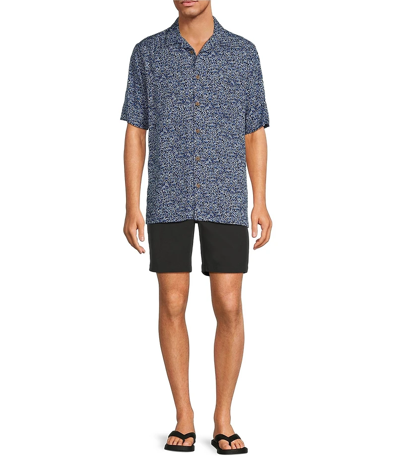 Caribbean Big & Tall Jacquard Mini Fan Leaf Print Short Sleeve Woven Camp Shirt