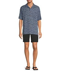 Caribbean Big & Tall Jacquard Mini Fan Leaf Print Short Sleeve Woven Camp Shirt