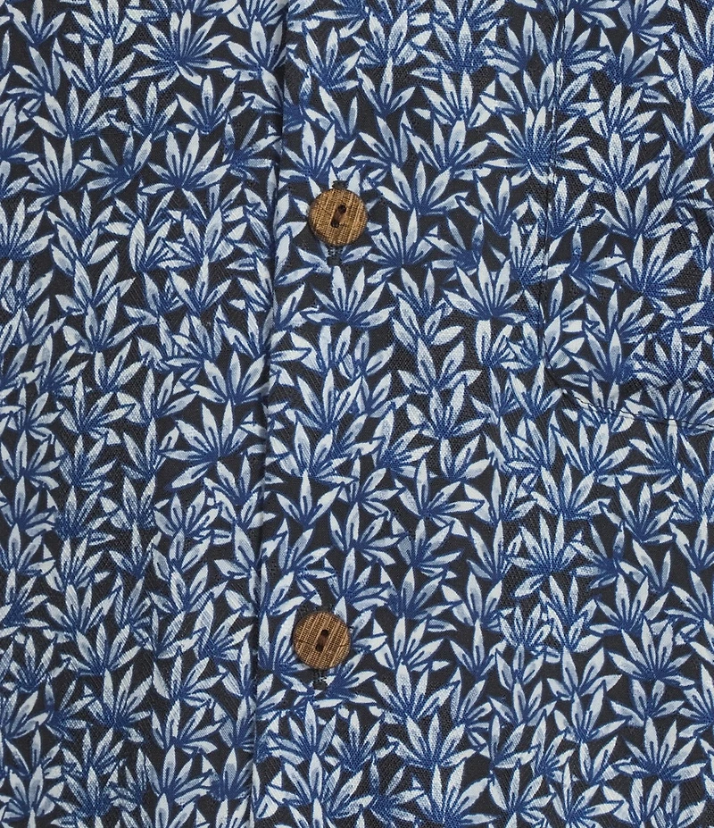 Caribbean Big & Tall Jacquard Mini Fan Leaf Print Short Sleeve Woven Camp Shirt