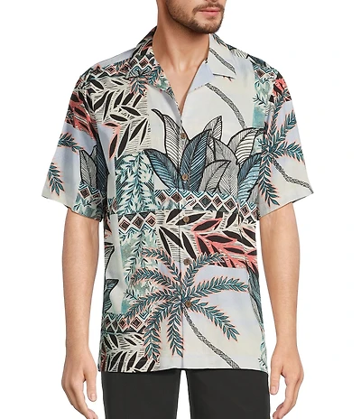 Caribbean Big & Tall Jacquard Patchwork Palm Print Short Sleeve Woven Camp Shirt