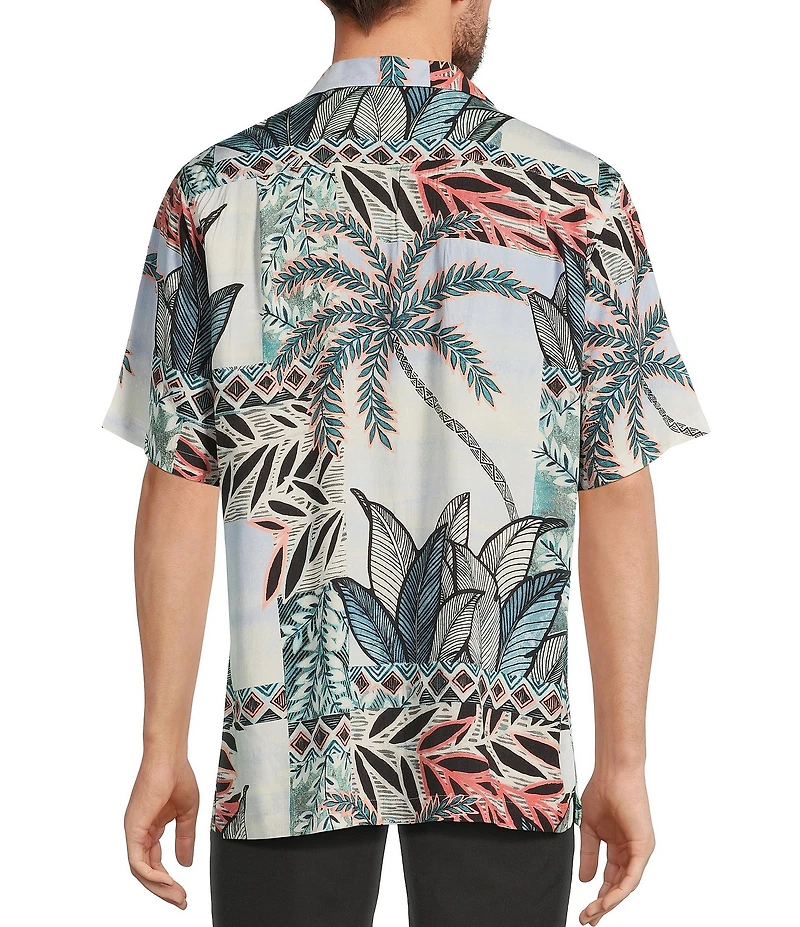 Caribbean Big & Tall Jacquard Patchwork Palm Print Short Sleeve Woven Camp Shirt