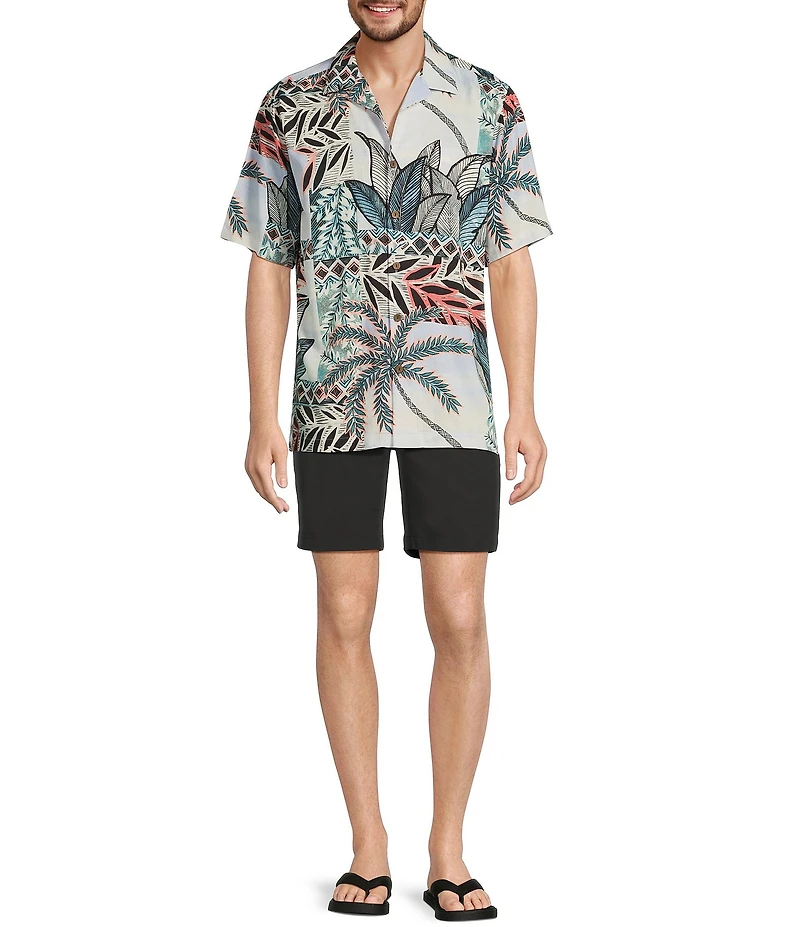 Caribbean Big & Tall Jacquard Patchwork Palm Print Short Sleeve Woven Camp Shirt