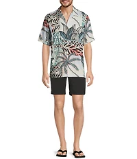 Caribbean Big & Tall Jacquard Patchwork Palm Print Short Sleeve Woven Camp Shirt