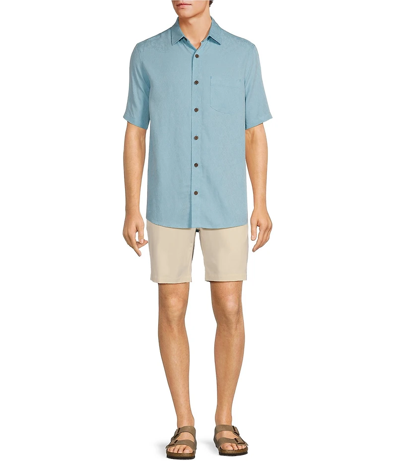 Caribbean Big & Tall Palm Paradise Jacquard Solid Short Sleeve Woven Shirt