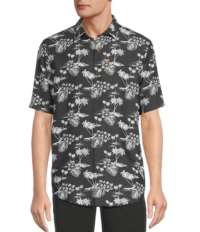 Caribbean Big & Tall Palm Print Short Sleeve Woven Shirt