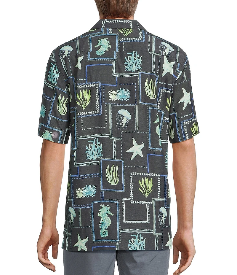 Caribbean Big & Tall Sea Life Tile Print Short Sleeve Woven Camp Shirt