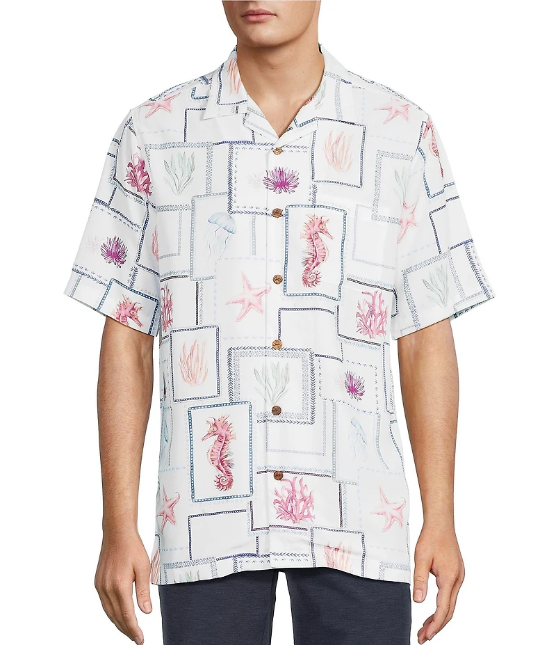 Caribbean Big & Tall Sealife Tile Print Short Sleeve Woven Camp Shirt