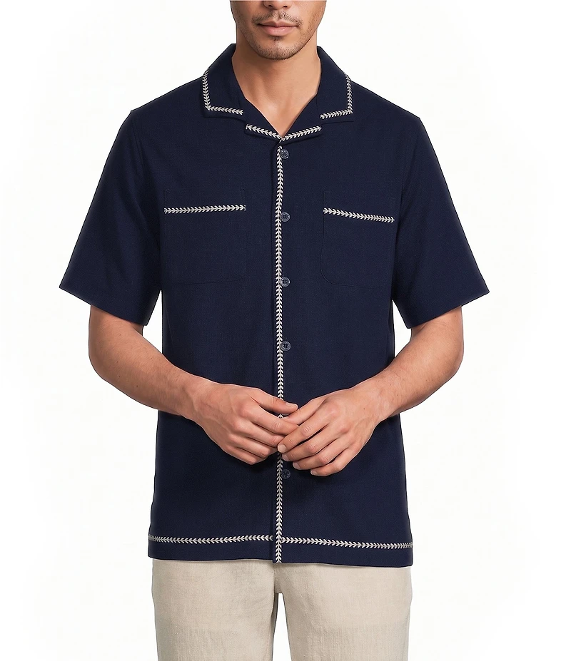 Caribbean Big & Tall Solid Cross Hatch Short Sleeve Woven Camp Shirt