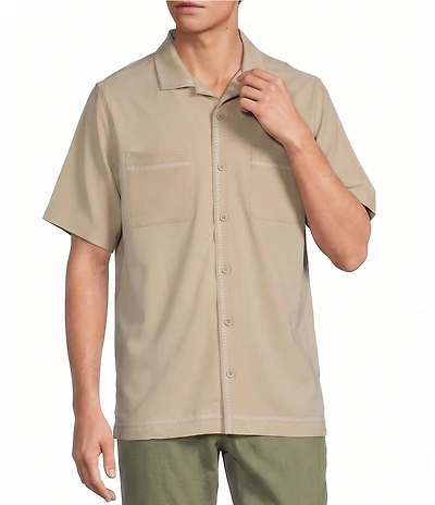Caribbean Big & Tall Solid Cross Hatch Short Sleeve Woven Camp Shirt