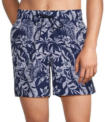 Caribbean Contrasting Leaf Floral 6#double; Inseam Swim Trunks