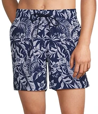 Caribbean Contrasting Leaf Floral 6#double; Inseam Swim Trunks