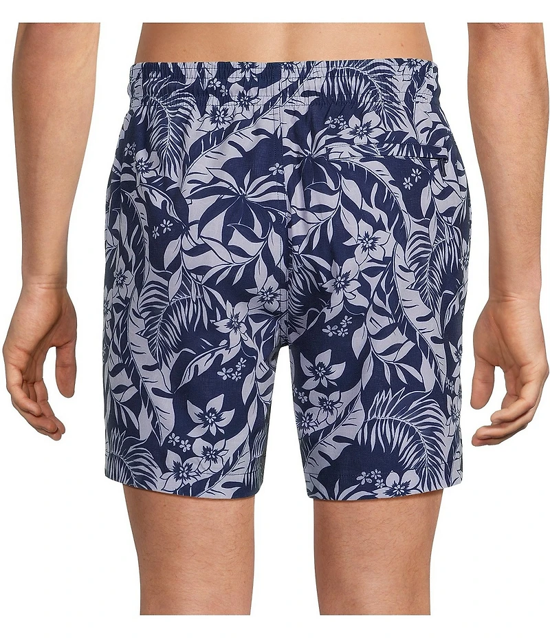 Caribbean Contrasting Leaf Floral 6#double; Inseam Swim Trunks