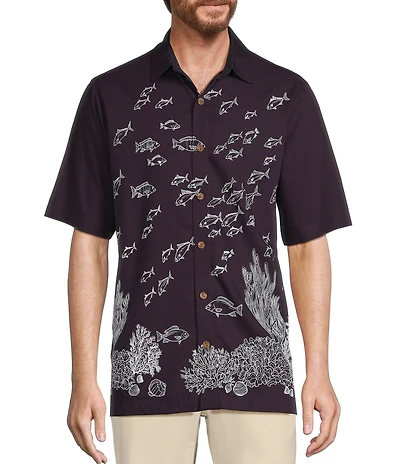 Caribbean Coral Fish Print Short Sleeve Woven Shirt