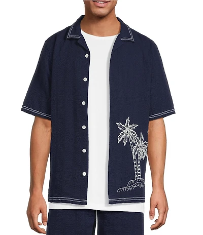 Caribbean Embroidered Seersucker Short Sleeve Woven Camp Shirt