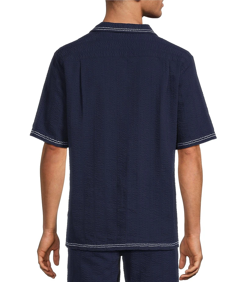 Caribbean Embroidered Seersucker Short Sleeve Woven Camp Shirt
