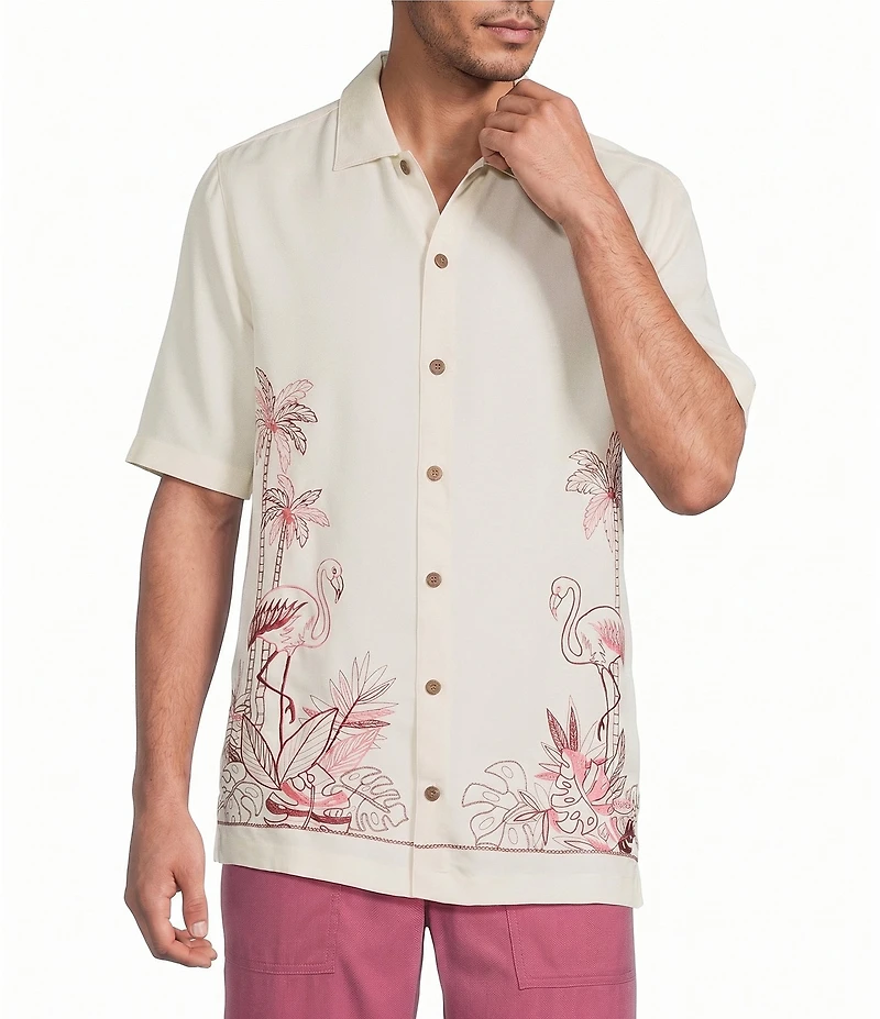 Caribbean Flamingo Embroidery Short Sleeve Woven Shirt